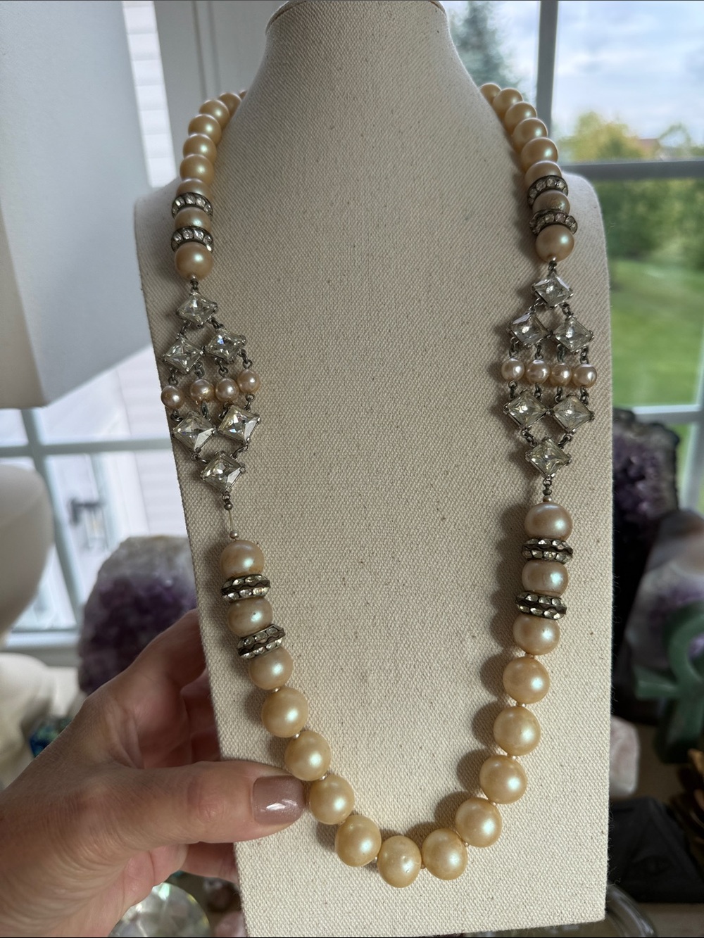 Antique Pearl and Crystal Statement Necklace in Champagne